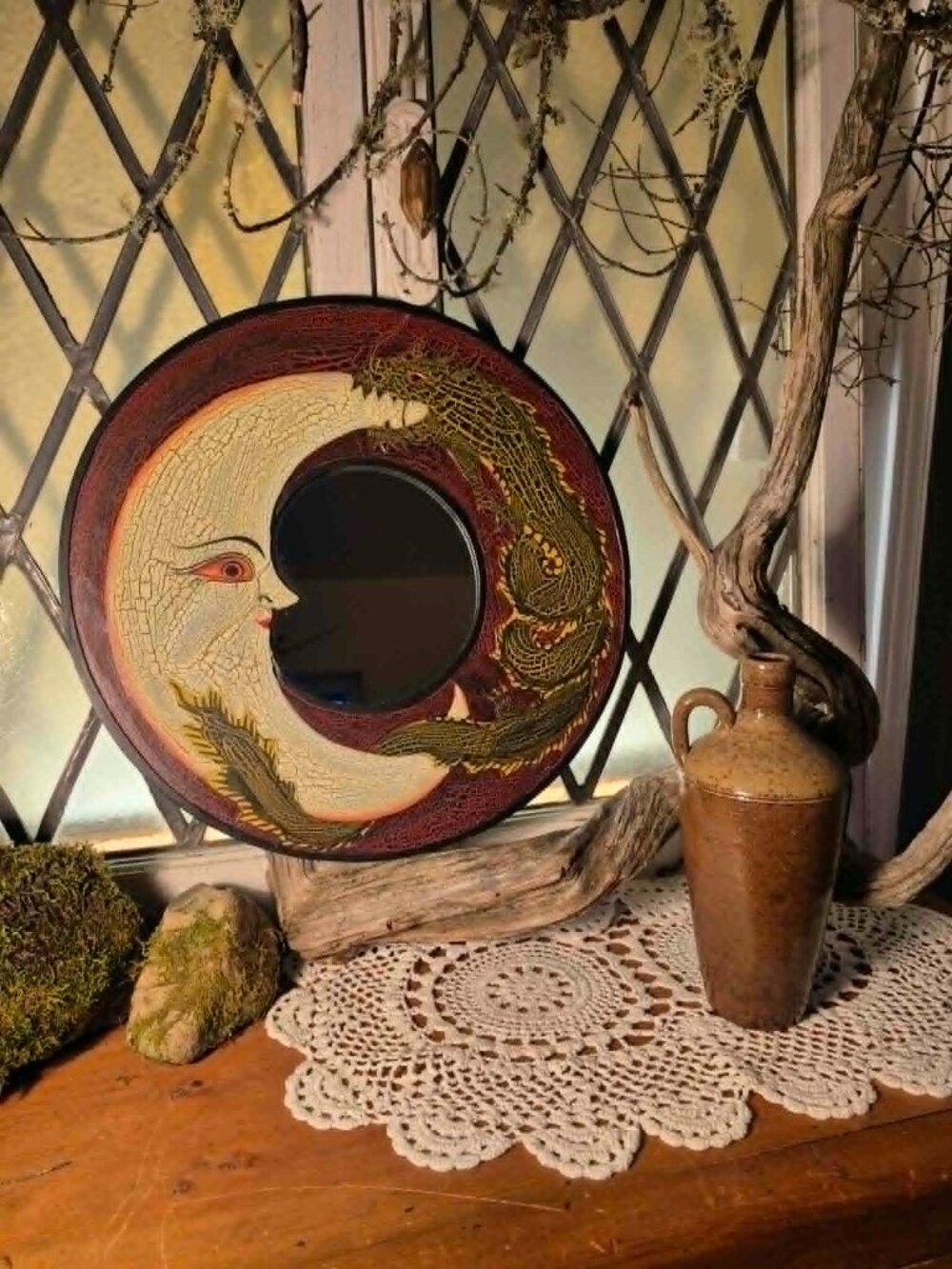 Beyond Midnight Collection 🌙 Vintage Wooden Moon & Dragon Wall Mirror 15.5" - Picture 3 of 10